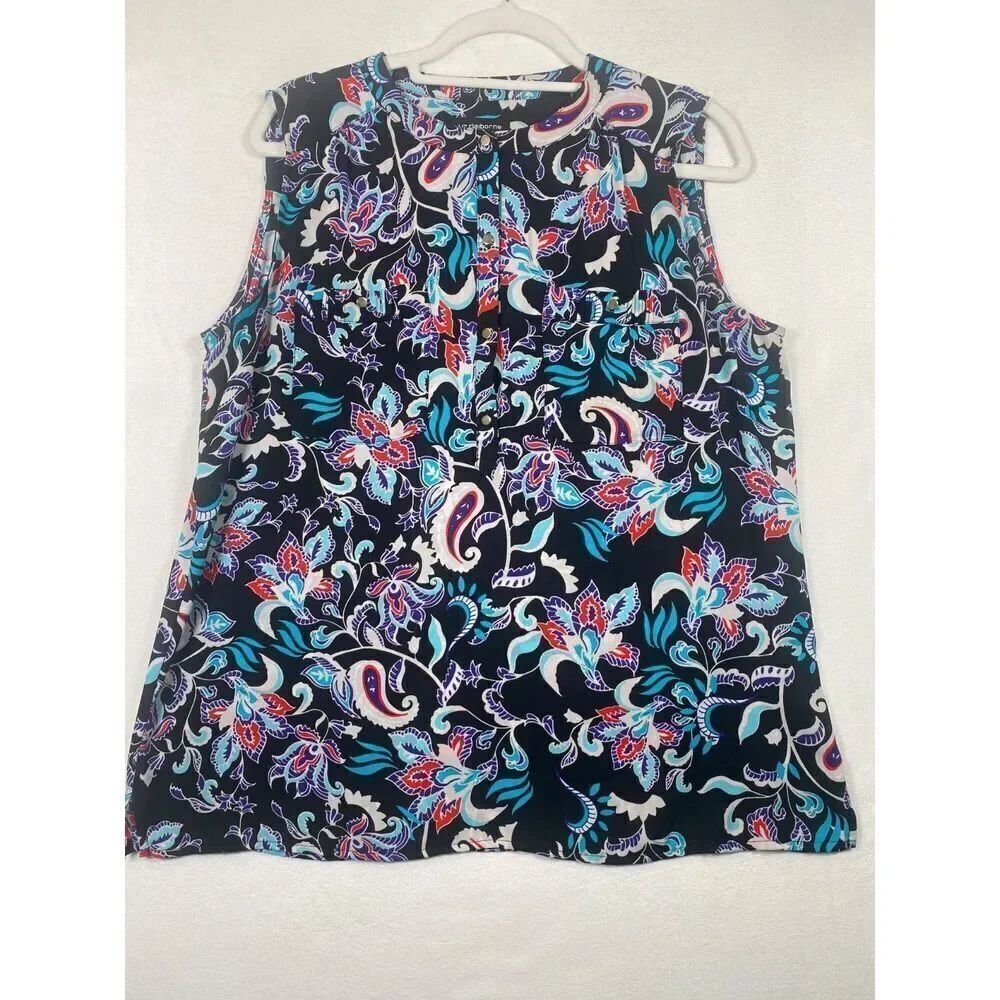 Liz Claiborne Women’s Sleeveless Career Top Blouse Paisley Floral Navy Size L